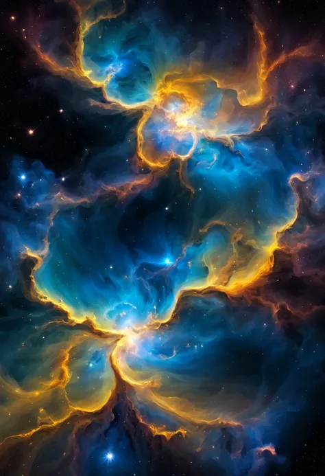 A beautiful nebula floating in outer space composed of blue, white, and yellow.,landscape,lightのカーテン,colorful,rich colors,dream-like,wonderful,dark background,masterpiece,be familiar with,magic effect,light, breathtaking renderings, 