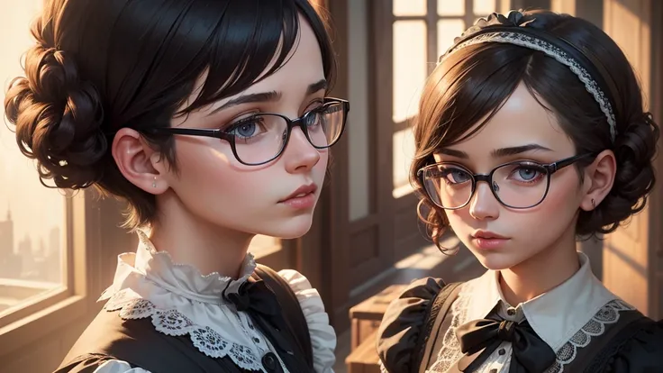 (Best quality, masterpiece), 1 girl, Victorian maid, short hair, Glasses, 1 girl, young girl, Beautiful face, 4K, 8K, UHD, HDR, detailed information, background, the panorama