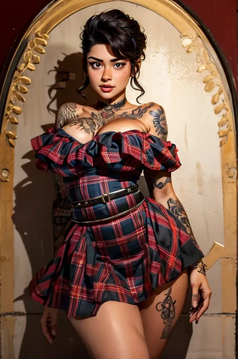 (masterpiece, best quality), 8k, portrait of a 22 yo female, avneet kaur, large breasts, short plaid dress, off-shoulder dress, ruffled, waist belt, tattooedgirl,