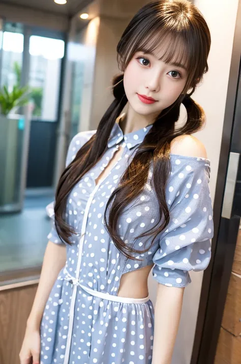 swimsuit、cute rainbow colored hair, idol sculpture, With iridescent hair, ribbon in her hair, idol face、26 year old female, Happy, With twin tails, Perfect symmetrical eyes,green eyes、 clear shining blue eyes, white skin, Silky smooth skin, stand on someth...