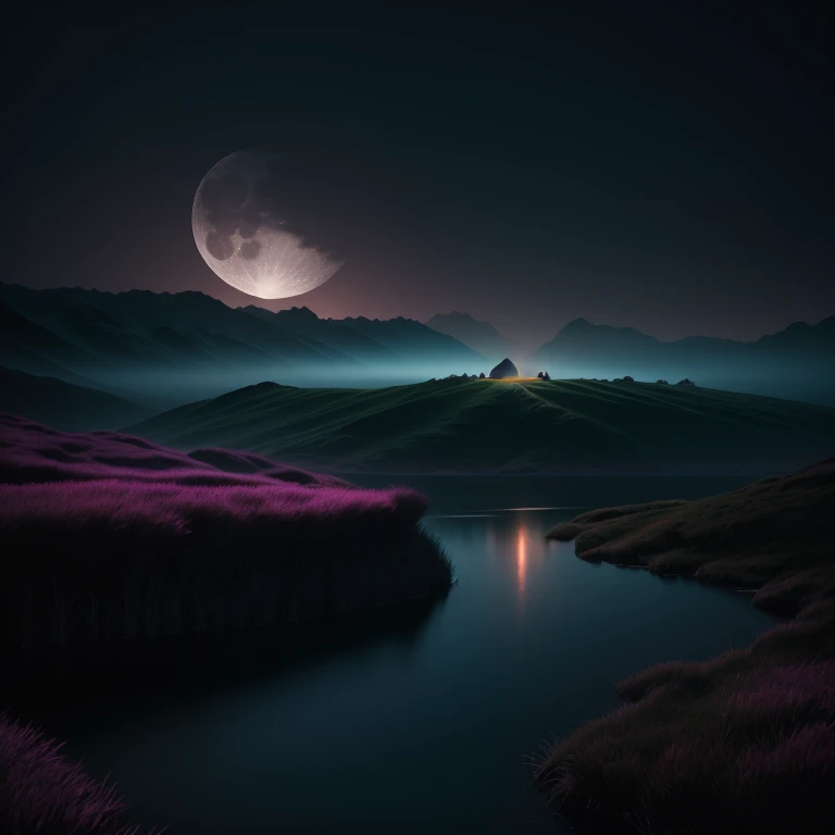 craft an award-winning image by infusing subtle details: enhance the moon's radiance to cast a gentle glow on the landscape belo...