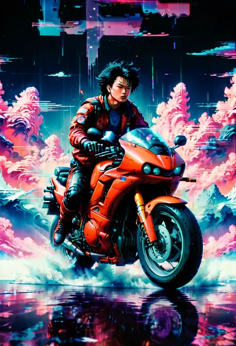 vaporwave art, movie "AKIRA", motorcycle, vhs glitch, panoramic, Ultra high saturation, (best quality, masterpiece, Representative work, official art, Professional, 8k)