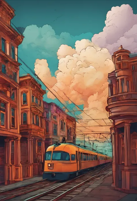 Color clouds with buildings and train , drippy ,
Cartoon , creative, trippy background 