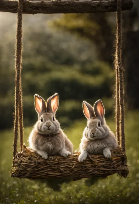 Extrememly realistic country baby rabbits dressed in peasant clothes in the style of Beatrix Potter , playing on a swing, black mountain college, bloomsbury group, portraiture style of edwardian beauty, layered textures , elegantly formal (Rembrandt Lighti...