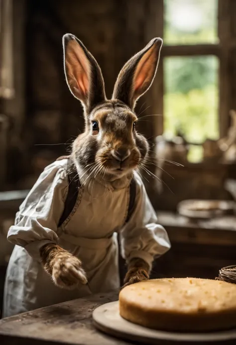 Extrememly realistic country rabbit dressed in peasant clothes in the style of Beatrix Potter , baking a cake, black mountain college, bloomsbury group, portraiture style of edwardian beauty, layered textures , elegantly formal (Rembrandt Lighting), zeiss ...