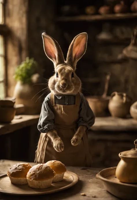 Extrememly realistic country rabbit dressed in peasant clothes in the style of Beatrix Potter , baking a cake, black mountain college, bloomsbury group, portraiture style of edwardian beauty, layered textures , elegantly formal (Rembrandt Lighting), zeiss ...