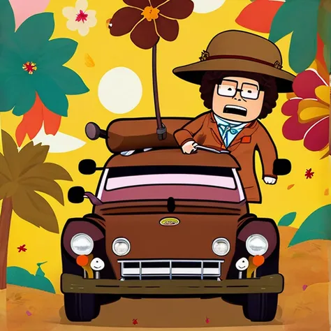 Dr Mephesto get sing and Angry ride on Large Car, Big Large Fat, Light Brown Boonie Hat, Long sleeve Hawaiian Flowers shirt, Brown pant, South Park Style, Artist by Kim Sujeong 