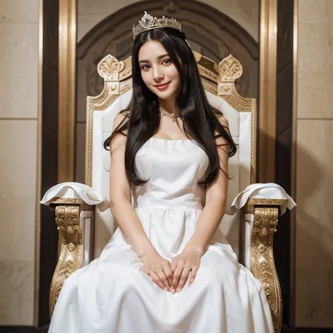 Beautiful girl with a crown in the head, with long black hairs, long white dress, closed dress, with accessories in the dress, she smile with you, she sit in the throne at hall castle, high quality, cinematic angle, full body, zoom out