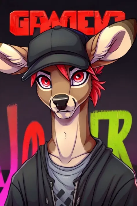 A anthro furry Deer without antlers and with a green and a red eye, anime hairstyle, black cap with the words "Game Over", wearing punk clothes and with baggy eyes, digital illustration, furry art.
