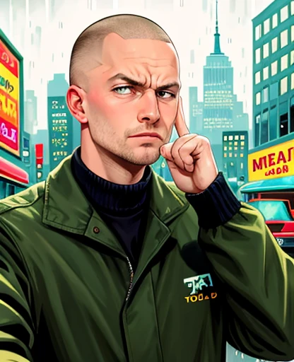 Close up of a face of a man in a green jacket, showing two fingers pretending its a gun by his head, ((bold)), NY 70s, rainy night, big city, taxi driver movie color palette, city underground vibe, lost look, (unhappy), no future, (skinhead) , numb eyes, b...