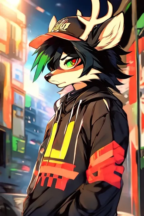 (ultra-detailed, best quality), anthro furry Deer without antlers, green eye, red eye, anime hairstyle, black hair, black cap, punk clothes, baggy eyes, furry art, soft lighting, Urban Futurist Background