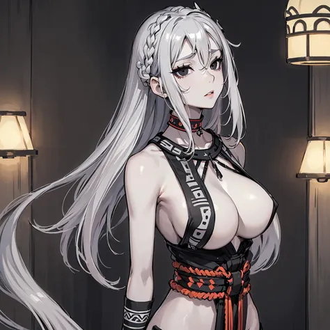 (((Alone))),(((Woman))),(((Thin waist))),(((Average breasts))),(((Light skin))),(((Gray Hair))),(((Serene black eyes))),(((Beautiful face))),(((Wearing tribal clothes)))