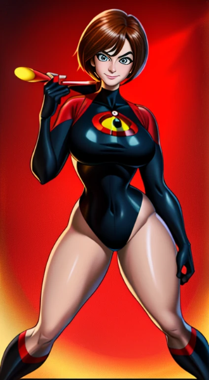 masterpiece, maximum quality, ultra high resolution, 8k, Helen Parr/Elastigirl (Movie The Incredibles), full body, thin, very detailed face, identical face, detailed eyes, cheerful smile, wide hips, thick thighs, smooth and soft pellet,