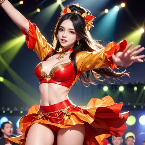 best quality,4k,highres,ultra-detailed,realistic,(bokeh:0.9),professional,portrait,colorful,stage lighting,beautiful detailed eyes,beautiful detailed lips,energetic performance,dynamic poses,vibrant costumes,fiery stage effects,upbeat music,dancing crowd,p...