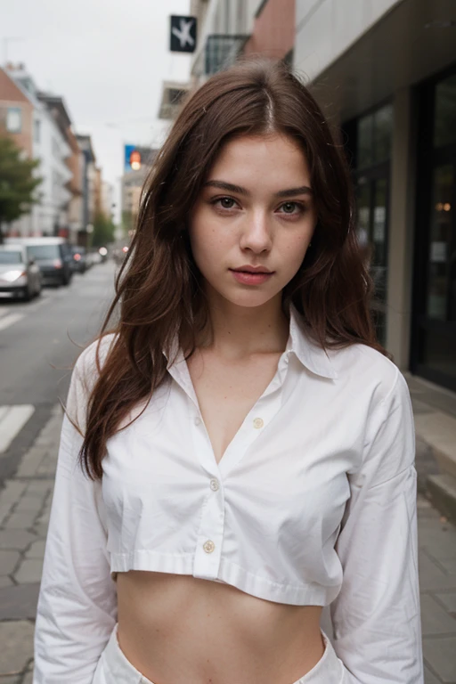 photography of a 20yo woman, white clothes perfect face, masterpiece, red hairs white shirt, on the street