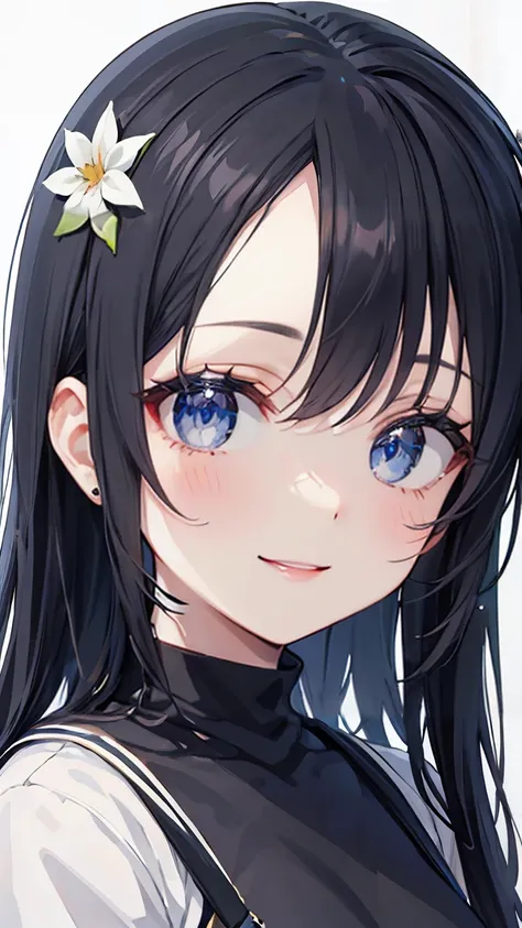 Anime girl with long black hair in white shirt and flower crown, beautiful anime portrait, stunning anime face portraits, beautiful anime girl, cute realistic portrait, Detailed portrait of anime girl, portrait anime girl, Realistic anime 3d style, realist...