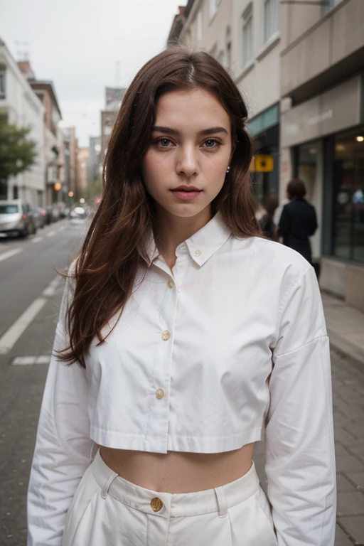 photography of a 20yo woman, white clothes perfect face, masterpiece, red hairs white shirt, on the street with ferrari behind