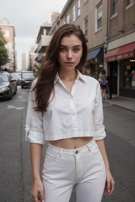 photography of a 20yo woman, white clothes perfect face, masterpiece, red hairs white shirt, on the street with ferrari cars behind