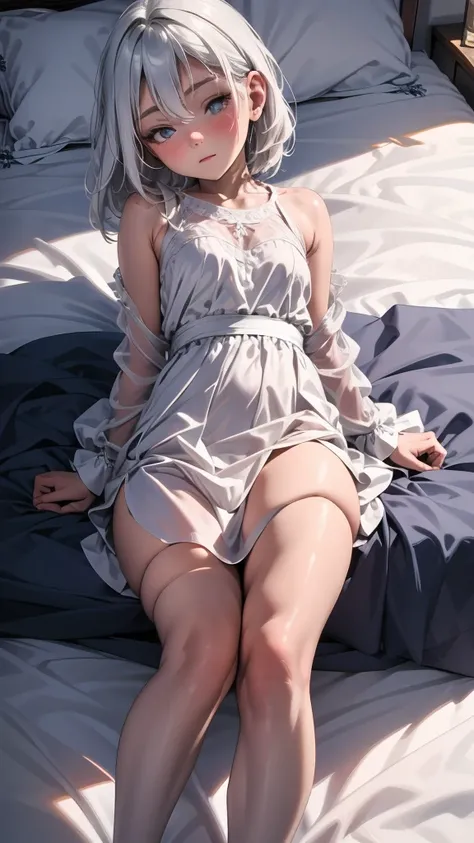 Masterpiece, Top Quality, Super Detail, 8K, Detailed Light, Detailed Shadows, RAW, (Detailed Skin), (Real: 1.2),, 1 Nordic girl, face, (9 years old), white hair, sleeping on a plush bed, night dress