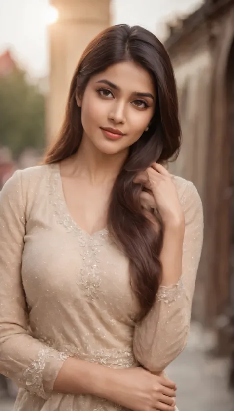 8k, hd, hyper-detailed, realistic beautiful indian woman around 25 years old, as human as possible, curvy and thicc bodywith bangs, smooth straight hair with no waves, about long length, light brown color, upper body composition with the city in the backgr...