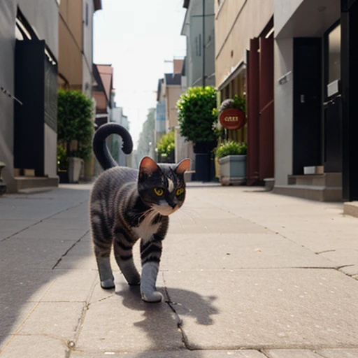 Cat walking on street, masterpiece, detailed cat, day, shadows, high quality, best quality, cat walking around