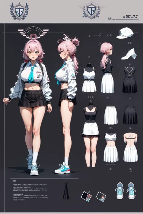 girl, solo, full body, from head to toe, standing, (Huge_Breasts:1.3), beautiful body, perfect body, nice body,

((Character Design Sheet:1.7, character reference sheet:1.7,)),

hoshino, white shirt, pleated skirt, bikini, blue jacket, hair bobbles, low tw...