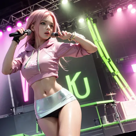 (best quality,4k,8k,highres,masterpiece:1.2),ultra-detailed,(realistic,photorealistic,photo-realistic:1.37),pink-haired girl,green-eyed,latex miniskirt,shiny latex miniskirt, vibrant hoodie,girl singing on a stage,detailed eyes and face,vivid colors,stage ...