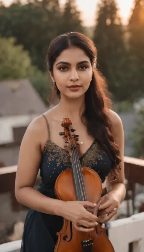 Close-up of a young indian woman, curvy and thicc body, 20s-40s, playing a stringed instrument on a rooftop at dusk, dressed in flowing silk, with a peaceful expression, against a backdrop of the setting sun