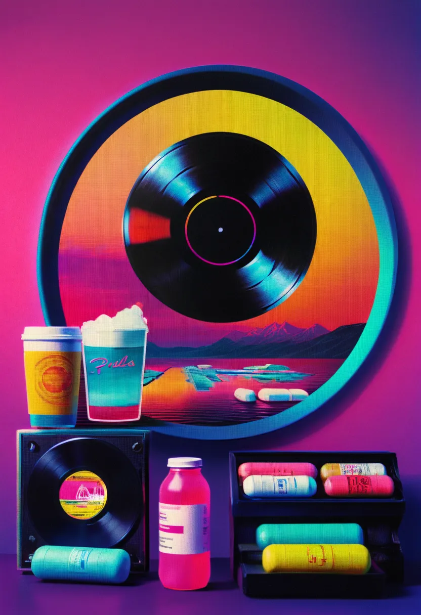 framed, capsuled, pils, drugs, medicine,80's, vinyl records,vaporwave aesthetic style, synthwave,