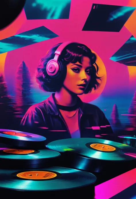 vinyl records,Vaporwave Aesthetic style, synthwave,