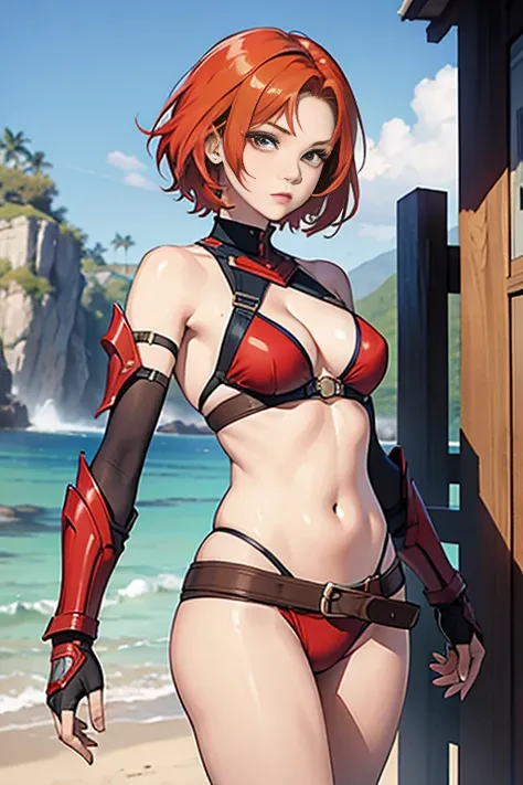 Woman warrior,redhead,woman,20th generation，short hair，cute expression,misculer,bikini armor