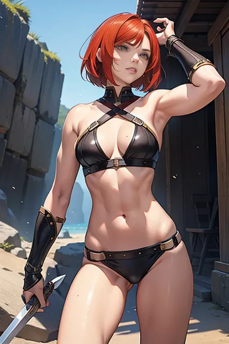 Woman warrior,redhead,woman,20th generation，short hair,bob cut,musculer,bikini armor,great sword,skimpy armor