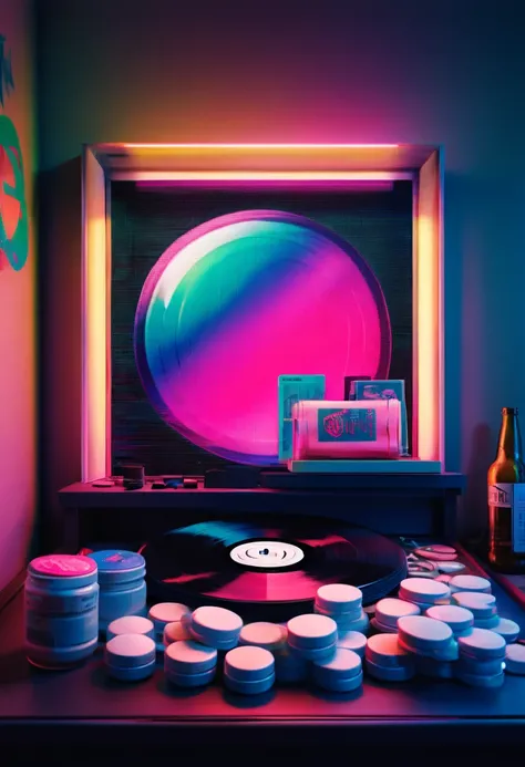 Framed, capsuled, pils, drugs, medicine,80s, vinyl records,Vaporwave Aesthetic style, synthwave,