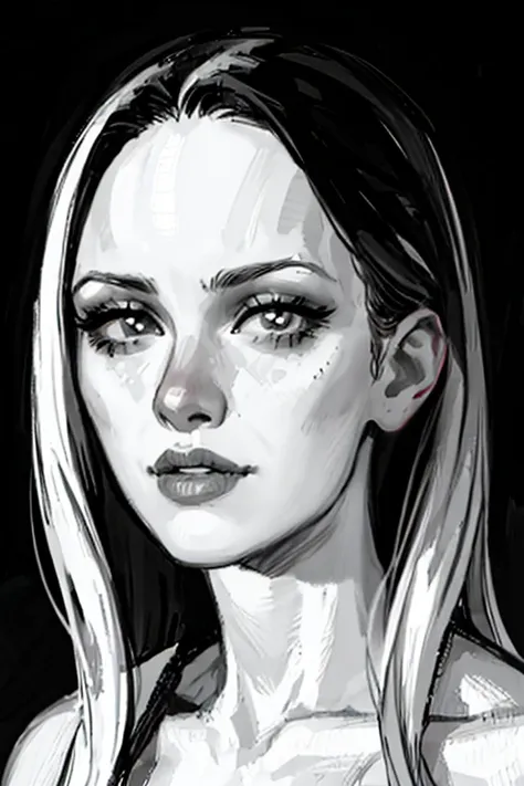 1girl, monochrome, solo, greyscale, realistic, looking_at_viewer, long_hair, portrait, lips, parted_lips, eyelashes, forehead