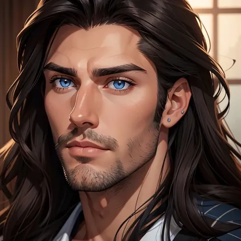 a close up of a man with long hair and blue eyes, handsome stunning realistic, handsome male, attractive male, wonderful dark hair, beautiful male face, long dark hairs, beautiful young man, with long hair and piercing eyes, shoulder-length black hair, you...