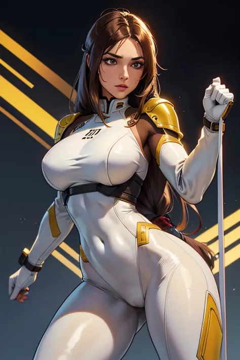 Best quality, 8k, vivid colors, woman,long hair, looking to observer,imperial soldier warrior,beige hi-tech armor over brown sheer nylon catsuit, static pose, white scenario