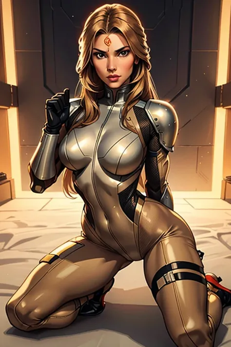 Best quality, 8k, vivid colors, woman,long hair, looking to observer,imperial soldier warrior,beige hi-tech armor over brown sheer nylon catsuit, static pose, white scenario