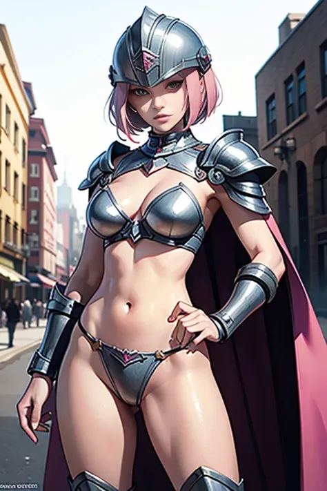 pink hair,female,20s,bob cut,skimpy armor,metal bikini,gauntlet,cape,helmet 