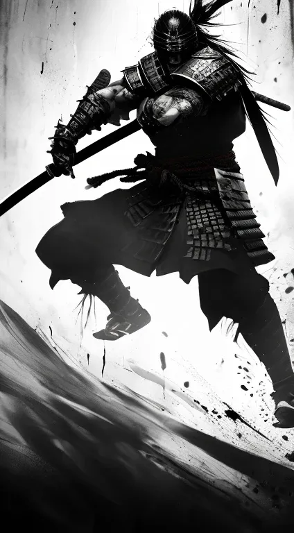 create a vertical image of a samurai warrior in dynamic battle-ready stance, monochromatic color scheme with ink-splatter effect...