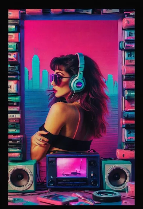 Framed, capsuled, pils, drugs, medicine,80s, cassettes, speakers, Vaporwave Aesthetic style, synthwave, sexy woman,