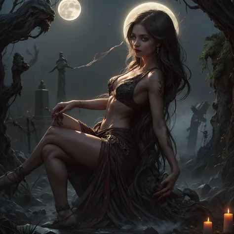 In the eerie and gothic ambiance of a moonlit cemetery, envision a solitary woman, her presence shrouded in both sorrow and allure, leaning gracefully against a crumbling mausoleum. Picture this desolate scene as the full moon casts an ethereal glow upon t...