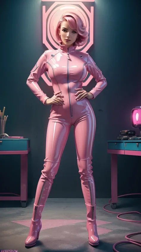 (high resolution, full body,soft skin:1.2),(best illustration,masterpiece:1.2),ultra-detailed,[(cat ears,black fur,pink inside:1.2),(kiss,romantic,intimate):1.3],vivid colors,sharp focus,portrait,retro-futurism, vaporfashion, pink latex jumpsuit and boots,...