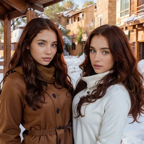 Brazilian brown skin woman  curly long red hair  mid 20s girl, fit, and her Caucasian girlfriend  whohas blue eyes and intense red hair staring at the viewer, realistic wearing winter clothes somewhere in the Southwest of the UnitedStates,  solodramatic li...