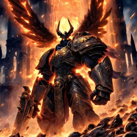 [best quality,ultra-detailed,masterpiece:1.2],angelic space marine,ornate golden armor,glowing power sword,fierce fiery wings,battle-worn armor,emblem of the Imperium,Vox-caster,heroic pose,hulking stature,foreboding presence,grim determination,blazing blu...