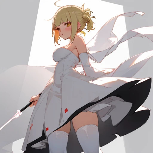 (girl1), (anime), himiko toga, white, wearing a white dress showing the shoulders, with a thin straight skirt, like a dress cloth in the lower straight part, and in the lower part behind another straight cloth, showing the legs, with white stockings, and a...