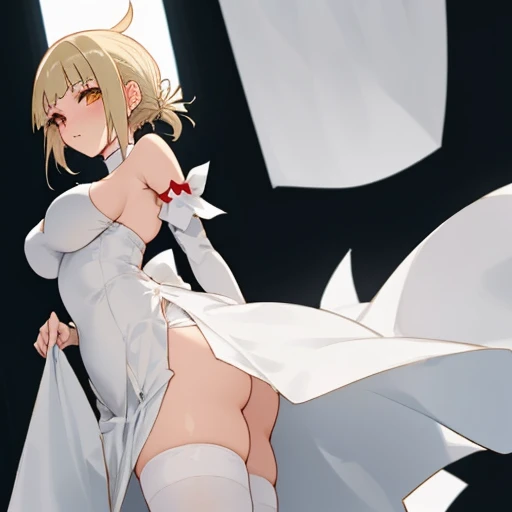 (girl1), (anime), himiko toga, white, wearing a white dress showing the shoulders, with a thin straight skirt, like a dress cloth in the lower straight part, and in the lower part behind another straight cloth, showing the legs, with white stockings, and a...