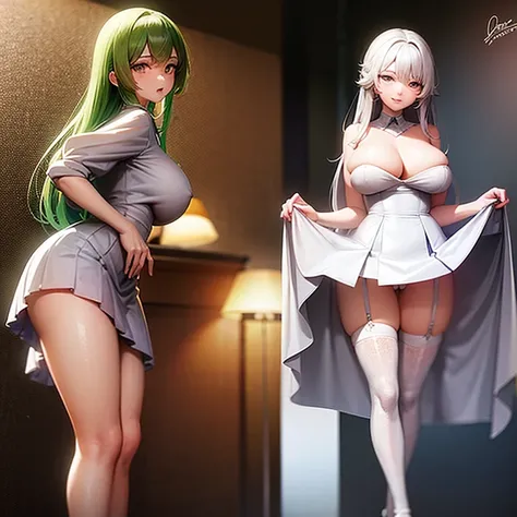 (girl1), (anime), white, with long green hair, a 14-year-old woman, wearing a white dress showing her shoulders, with a thin straight skirt, like a dress cloth in the lower straight part, and in the back another straight cloth, showing her legs, with white...