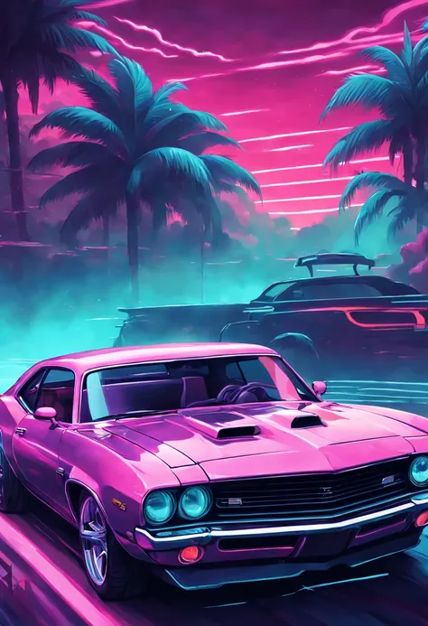 Vapor wave colored muscle car poster by jackie duneke rebecca king, in the style of cyril rolando, colored cartoon style, dark tonalities, ray tracing, low-angle, grzegorz domaradzki, iconic pop culture caricatures