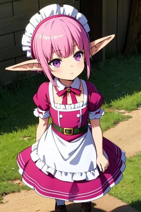 Very short elf girl, with pink hair, in a maids costume