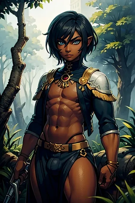 (masterpiece), best quality, dark elf, dark skin, femboy, cuteboy, 1boy, short hair, black hair, blue eyes, femboy fashion, elve...